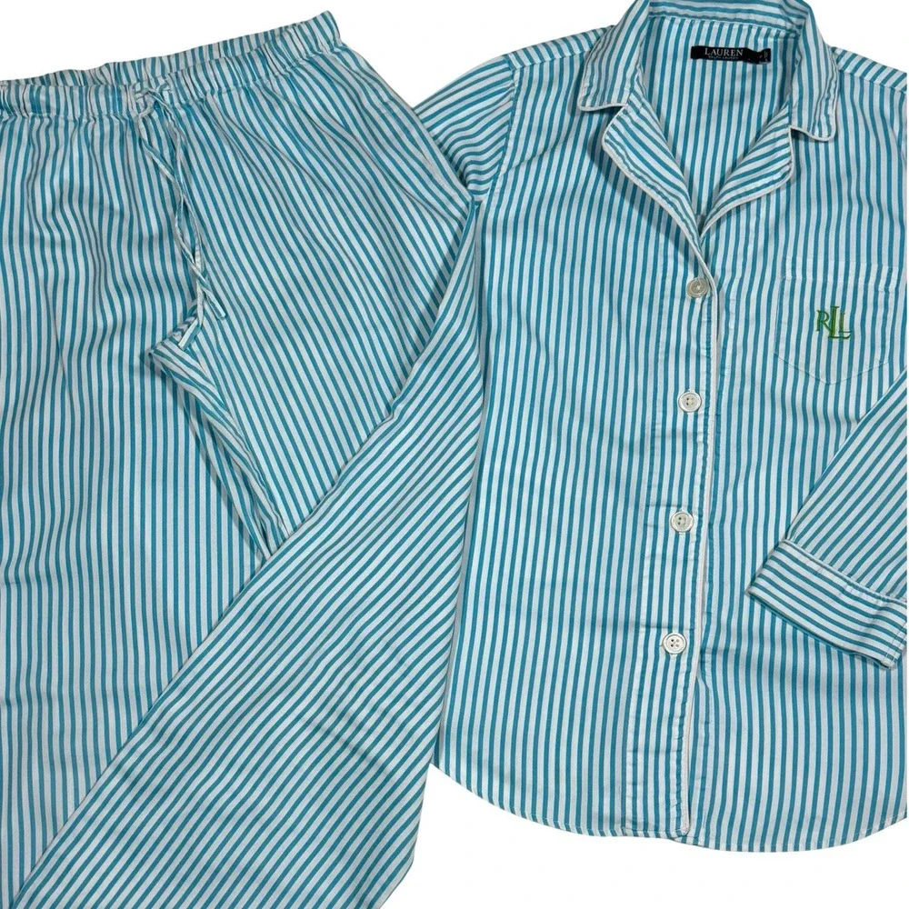 Lauren Ralph Lauren Women's Blue White Striped Cotton Pajama Set Size M RLL Logo